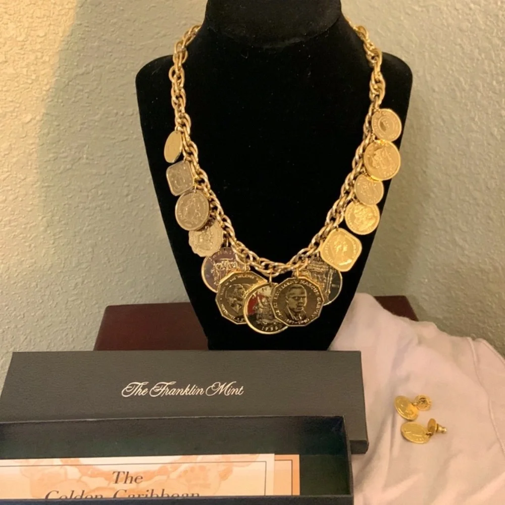 Franklin Mint dipped 24kt plated Gold dipped Carribean Coin Necklace - Picture 1 of 7